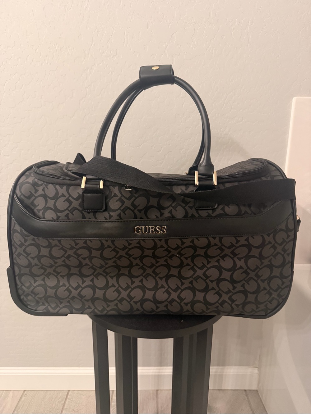 GUESS Black Patterned Duffel with Gold Logo